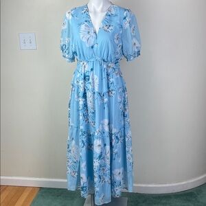 Simplee Spilt Neck Tiered Floral Short Sleeve Maxi Dress Blue